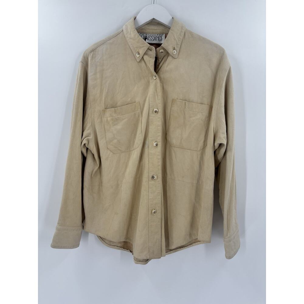 La Nauvelle Renaissance Button Down Womens Medium Large Beige Suede Long Sleeve